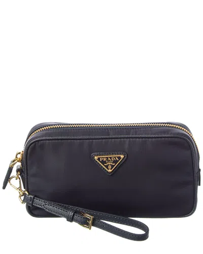 Prada Triangle Logo Nylon & Leather Pouch In Blue