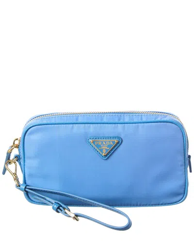 Prada Triangle Logo Nylon & Leather Pouch In Blue
