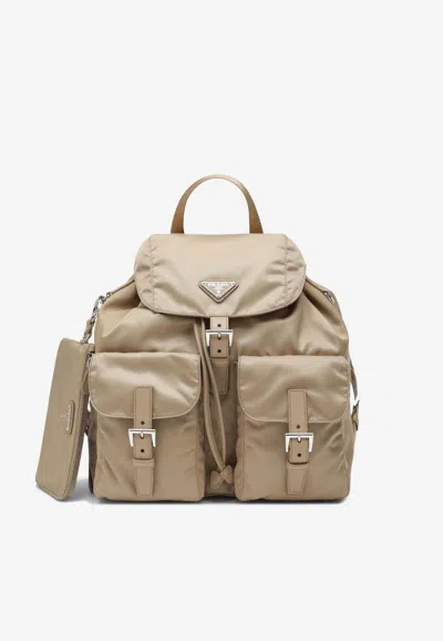 Prada Triangle Logo Nylon Backpack In Neutral