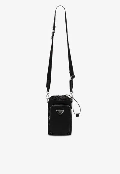 Prada Triangle Logo Nylon Phone Holder In Black