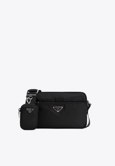 Prada Triangle Logo Nylon Shoulder Bag In Black