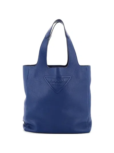 Pre-owned Prada Triangle Logo Open Leather Large Tote Bag In Blue