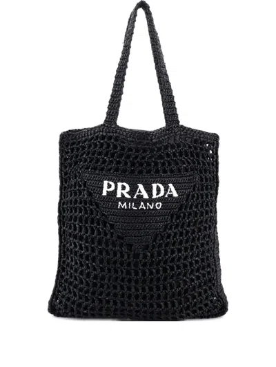 Pre-owned Prada Triangle Logo Open Raffia Tote Bag In Black