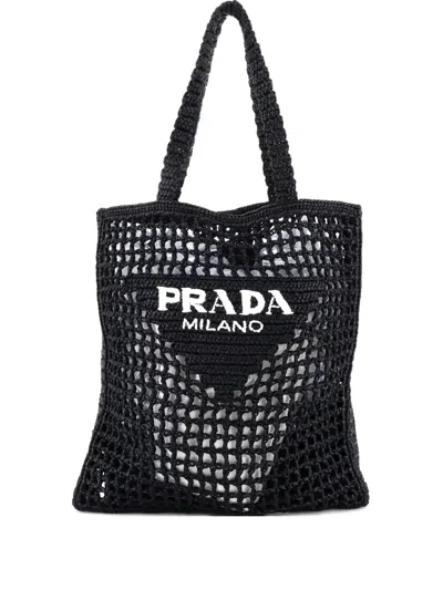 Pre-owned Prada Triangle Logo Open Raffia Tote Bag In Black