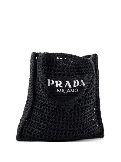 Pre-owned Prada Triangle Logo Open Raffia Tote Bag In Black
