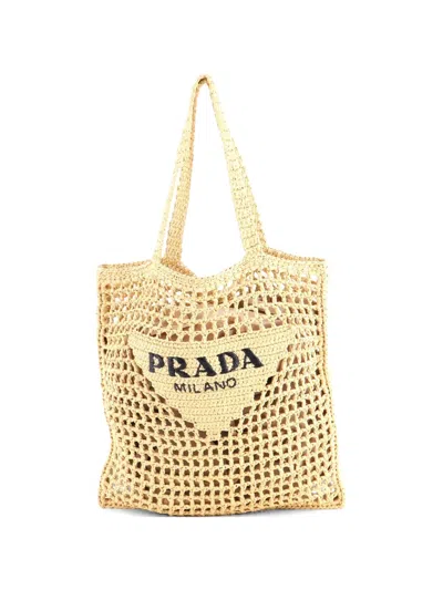 Pre-owned Prada Triangle Logo Open Raffia Tote Bag In Neutral