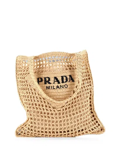 Pre-owned Prada Triangle Logo Open Raffia Tote Bag In Neutral