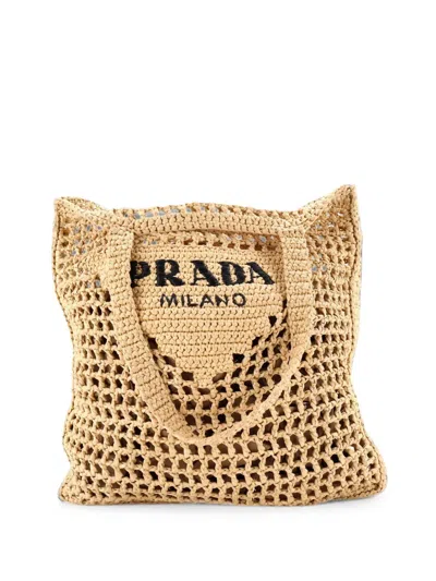 Pre-owned Prada Triangle Logo Open Raffia Tote Bag In Neutral