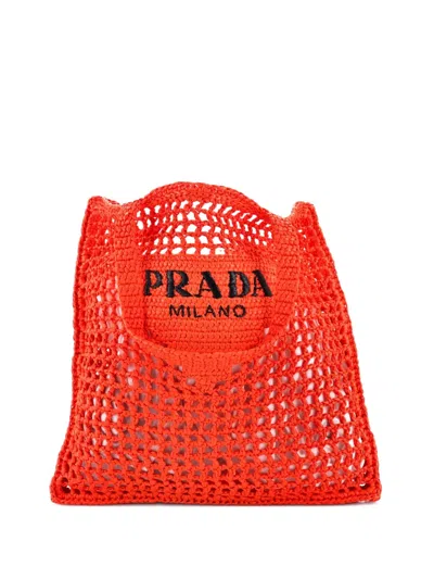 Pre-owned Prada Triangle Logo Open Raffia Tote Bag In Orange