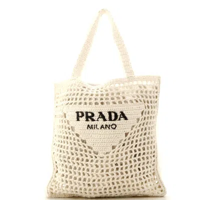 Prada Triangle Logo Open Tote Raffia In White | ModeSens