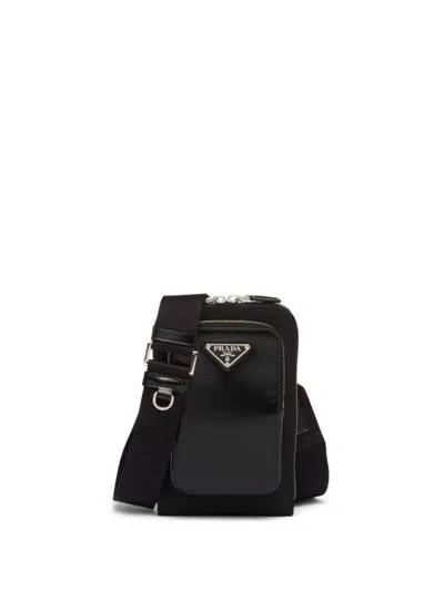 Prada Triangle Logo Saffiano-leather Keyring Case In Black