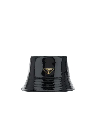 Prada Triangle-logo Patent-leather Bucket Hat In Black