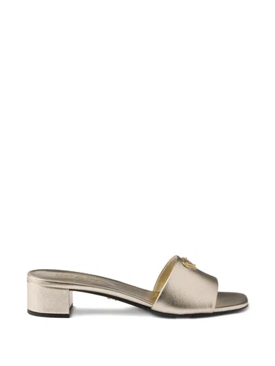 Prada Triangle Logo Patent Leather Sandals In Gold