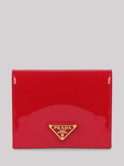 Prada Triangle Logo Patent Leather Wallet In Red