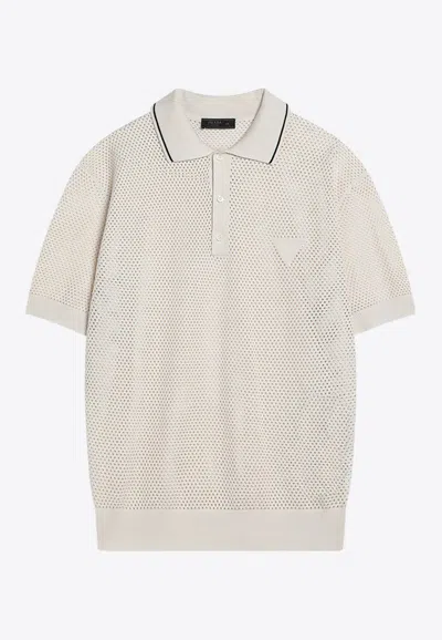 PRADA TRIANGLE LOGO PERFORATED POLO T-SHIRT