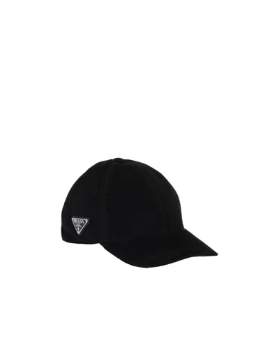 Prada Triangle Logo-plaque Corduroy Cap In Black