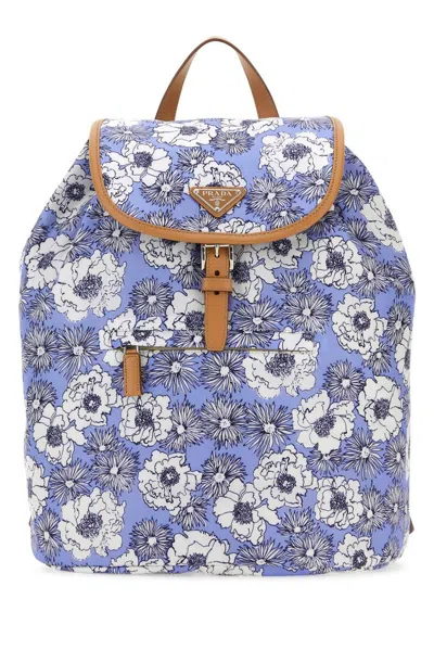 Prada Triangle Logo Plaque Flower Printed Backpack In Multi
