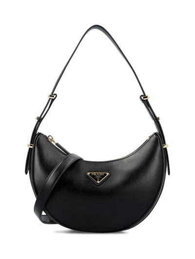 Prada Triangle Logo Plaque Moon Shaped Shoulder Bag In Black