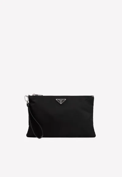Prada Triangle Logo Plaque Pouch Bag In Black