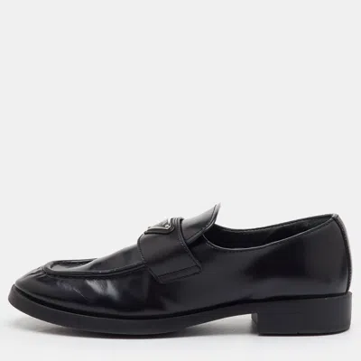 Pre-owned Prada Triangle Logo Plaque Size 38.5 Black Leather Slip On Loafers