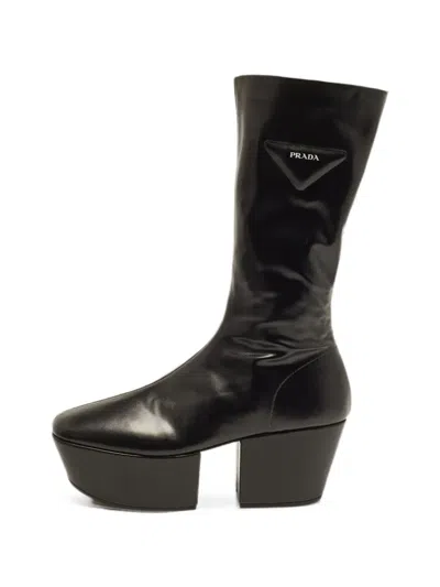 Pre-owned Prada Triangle Logo Platform Ankle Boots In Black