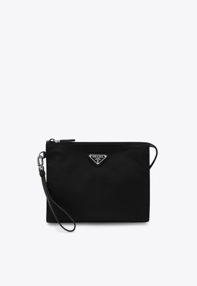 Prada Triangle Logo Pouch Bag In Black