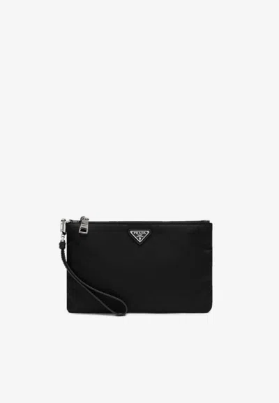 Prada Triangle Logo Pouch Bag In Black