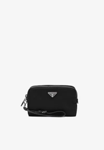 Prada Triangle Logo Pouch Bag In Black