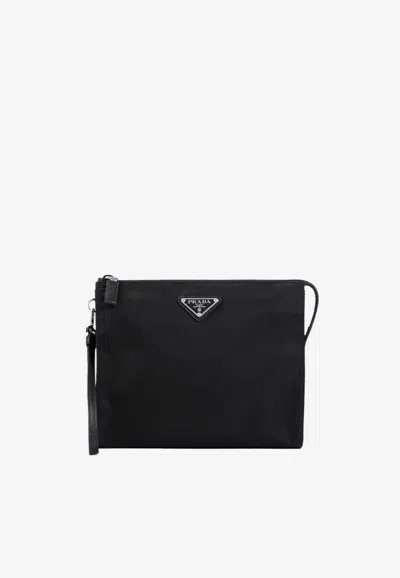 Prada Triangle Logo Pouch Bag In Black