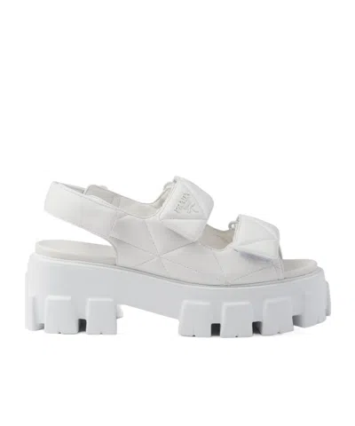 Prada Triangle-logo Quilted Leather Sandals In White