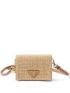 Prada Raffia Woven Rectangular Card Holder With Strap In Neutrals
