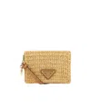 Prada Raffia Woven Rectangular Card Holder With Strap In Nude