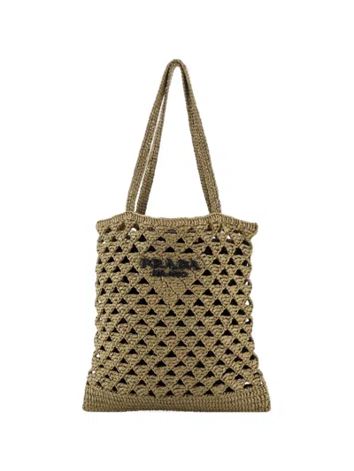 Pre-owned Prada Triangle Logo Raffia Crochet Small Tote Bag In Green