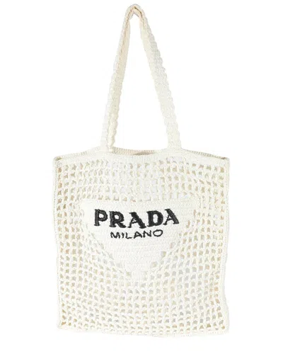 Prada Bicolor Woven Logo Shopper Tote Bag In Bianco