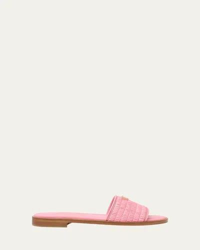 Prada Triangle Logo Raffia Flat Slide Sandals In Pink