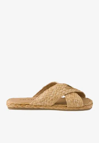 Prada Triangle Logo Raffia Slides In Brown