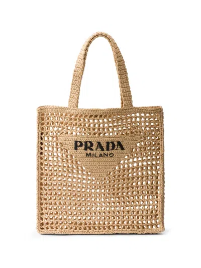 Prada Triangle-logo Raffia Tote Bag In Neutrals