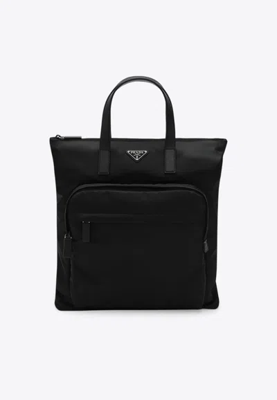 Prada Triangle Logo Re-nylon And Leather Top Handle Bag In Black