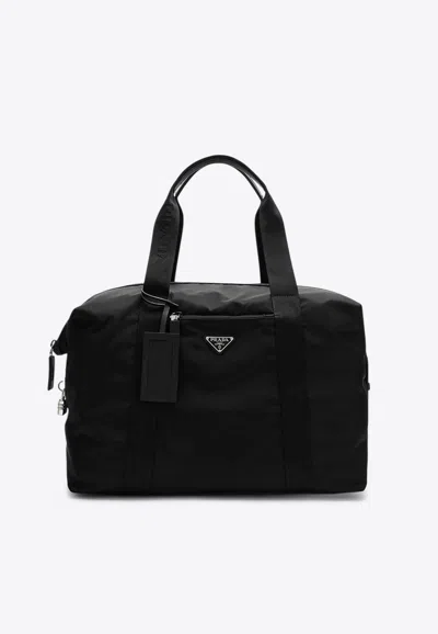 Prada Triangle Logo Re-nylon And Saffiano Leather Duffle Bag In Black
