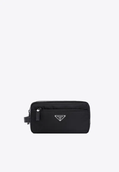 Prada Triangle Logo Re-nylon And Saffiano Leather Pouch Bag In Black