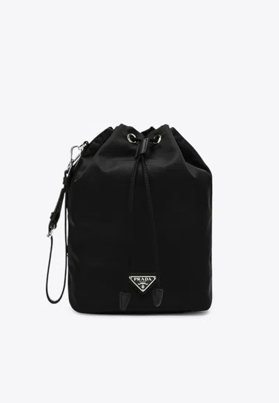 Prada Triangle Logo Re-nylon Bucket Bag In Black