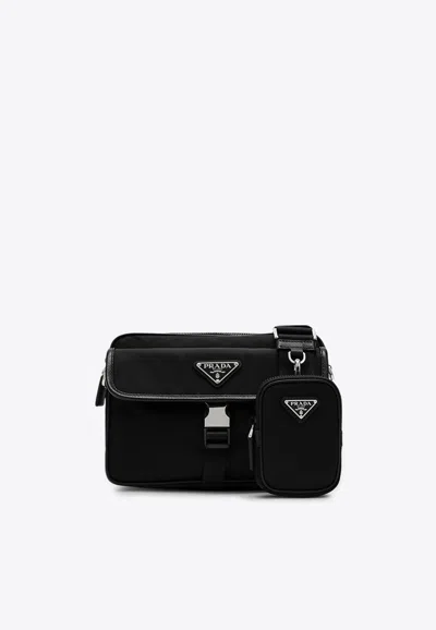 Prada Triangle Logo Re-nylon Messenger Bag In Black