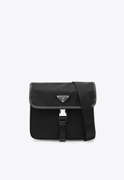 Prada Triangle Logo Re-nylon Messenger Bag In Black