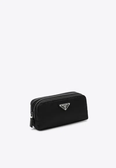 Prada Triangle Logo Re-nylon Pouch Bag In Black