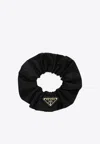 Prada Gathered Black Scrunchie With Triangular Logo Patch In Black