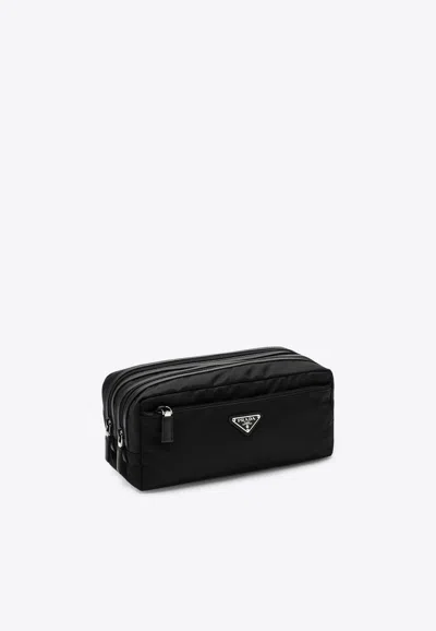 Prada Triangle Logo Re-nylon Vanity Pouch In Black