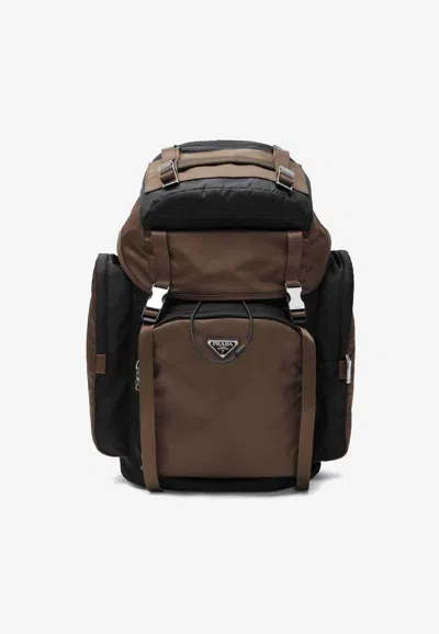 Prada Triangle Logo Re-nylon And Leather Backpack In Brown