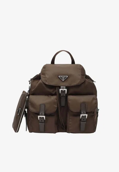 Prada Triangle Logo Re-nylon And Saffiano Backpack In Brown