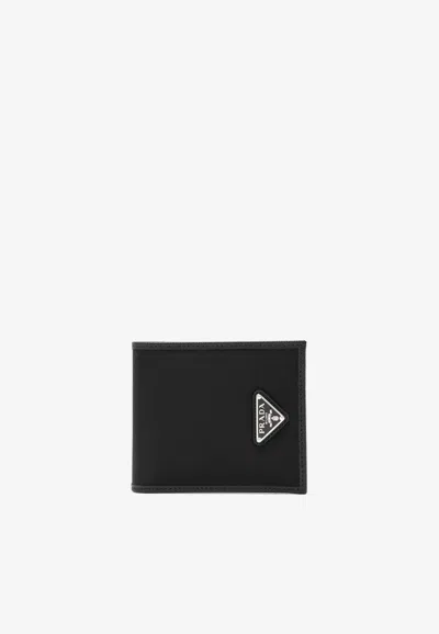 Prada Triangle Logo Re-nylon And Saffiano Leather Wallet In Black