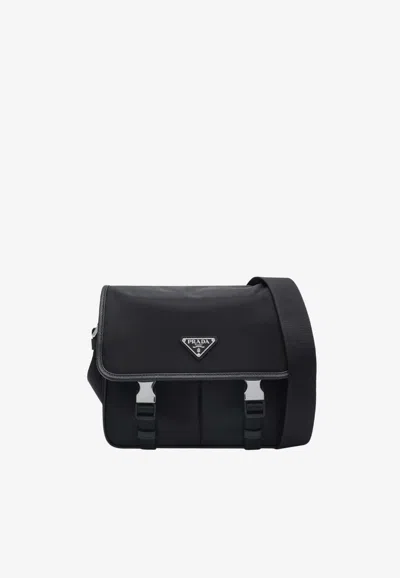 Prada Triangle Logo Re-nylon And Saffiano Messenger Bag In Black